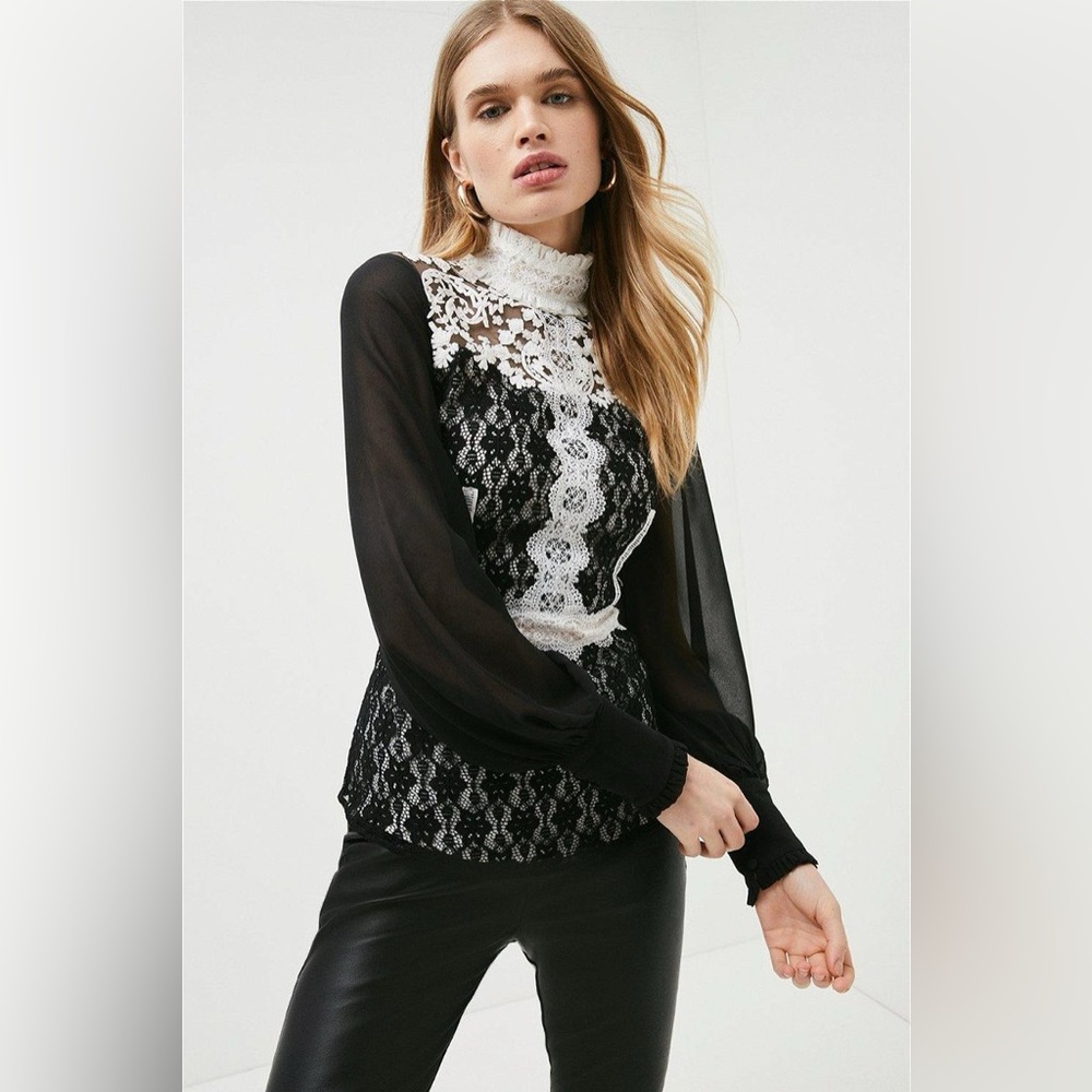 Karen Millen Black Lace High Neck Blouse with White Lace Trim